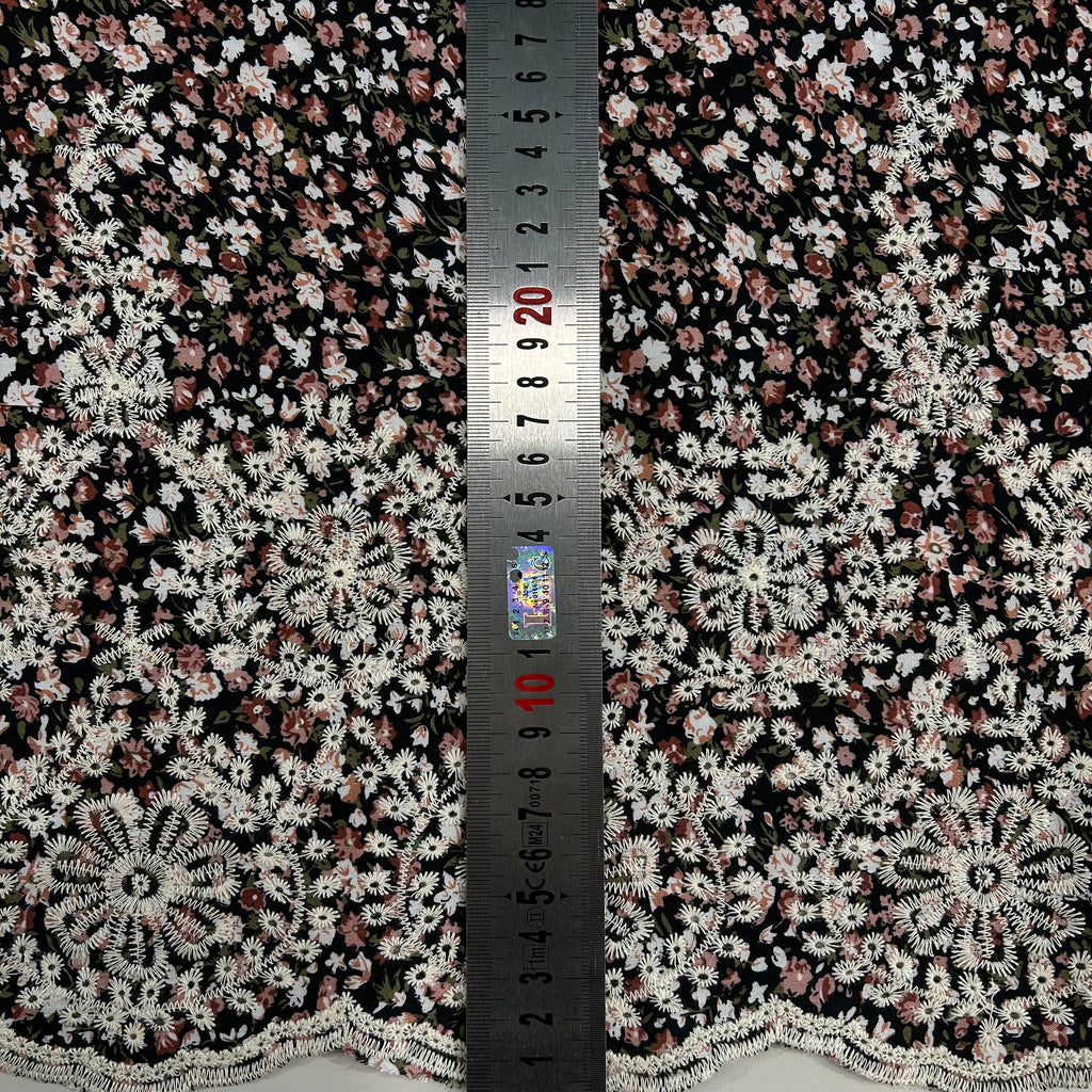 Black Floral Viscose with Embroidery
