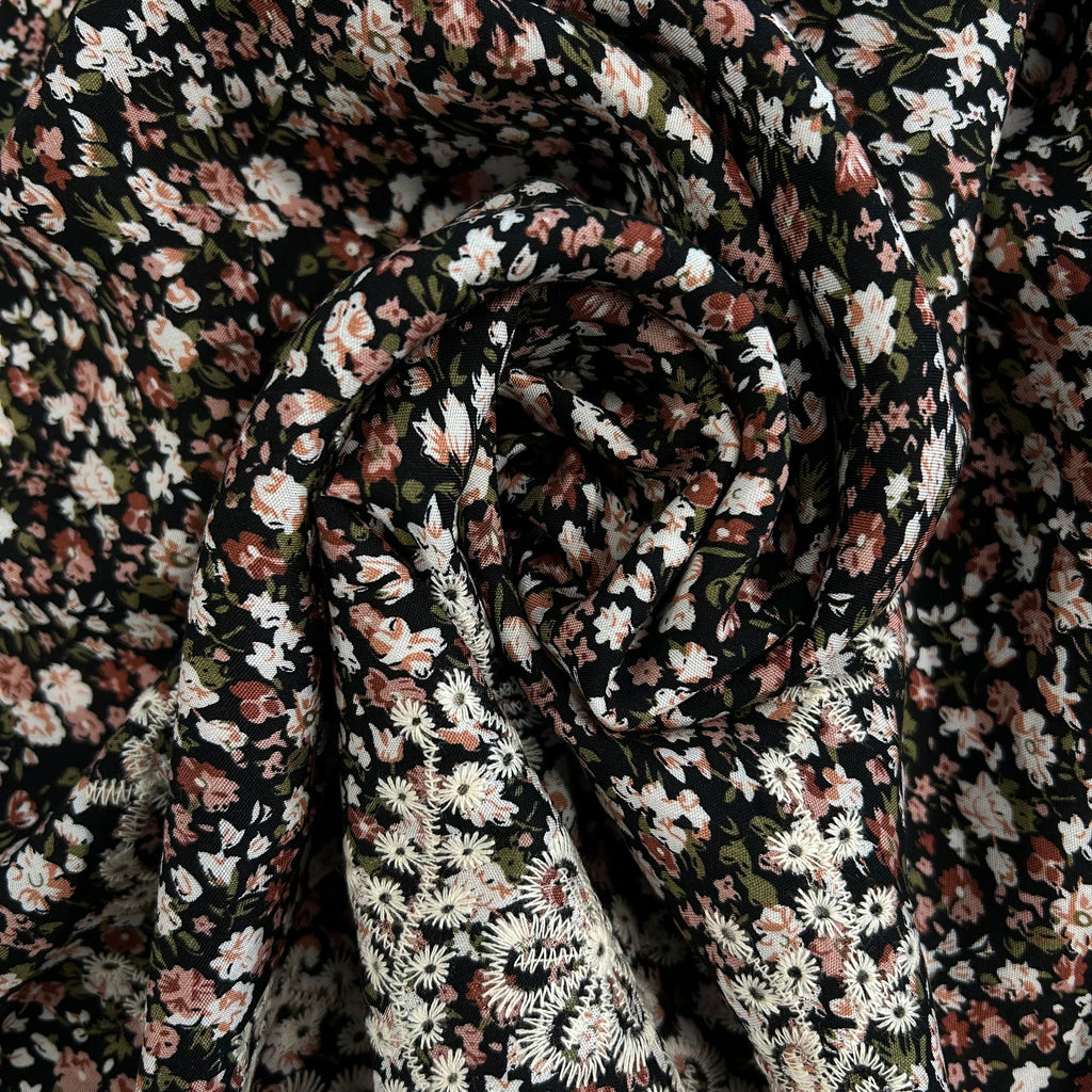 Black Floral Viscose with Embroidery