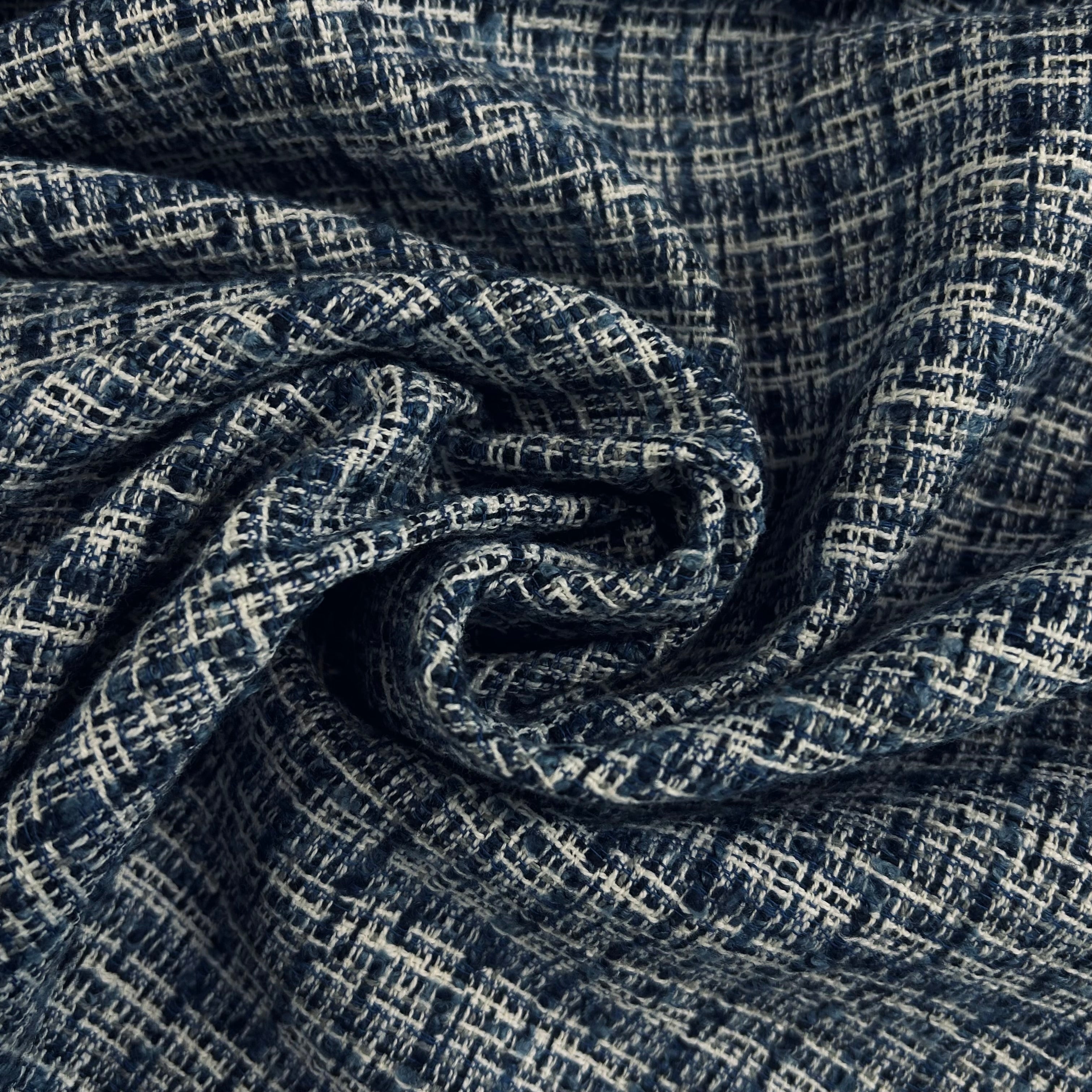 Sky Blue Navy White Grid Tweed
